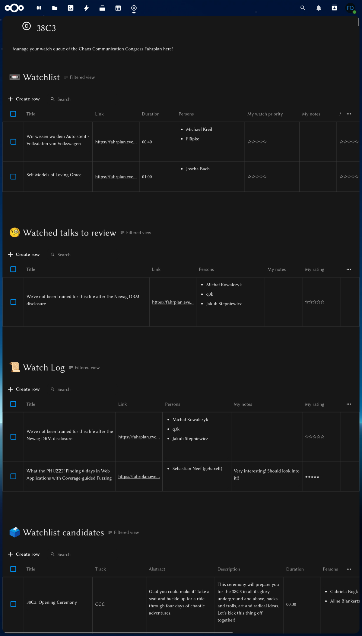 Screenshot of the Nextcloud tables structure of fahrplan2tables