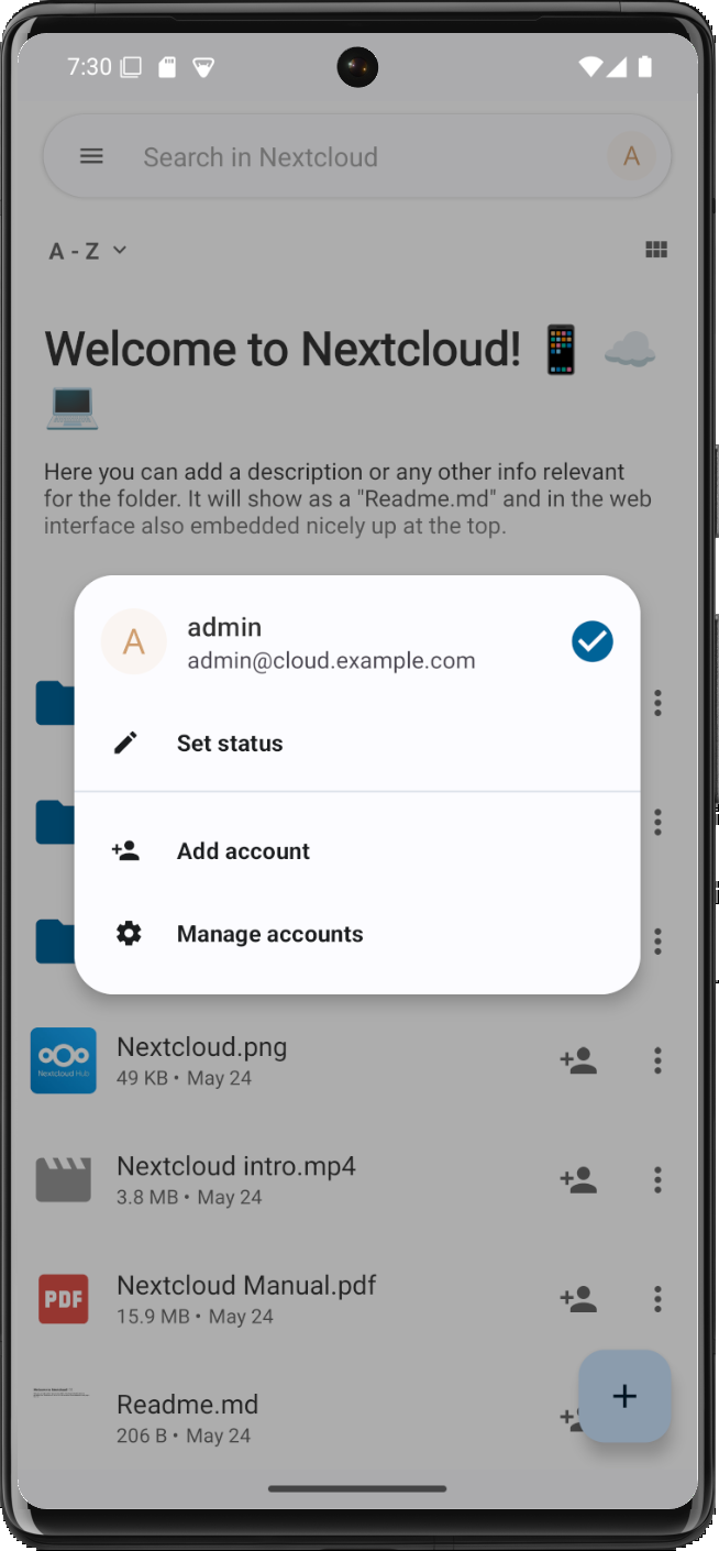 Screenshot of the Nextcloud app connected to cloud.example.com running on the host system